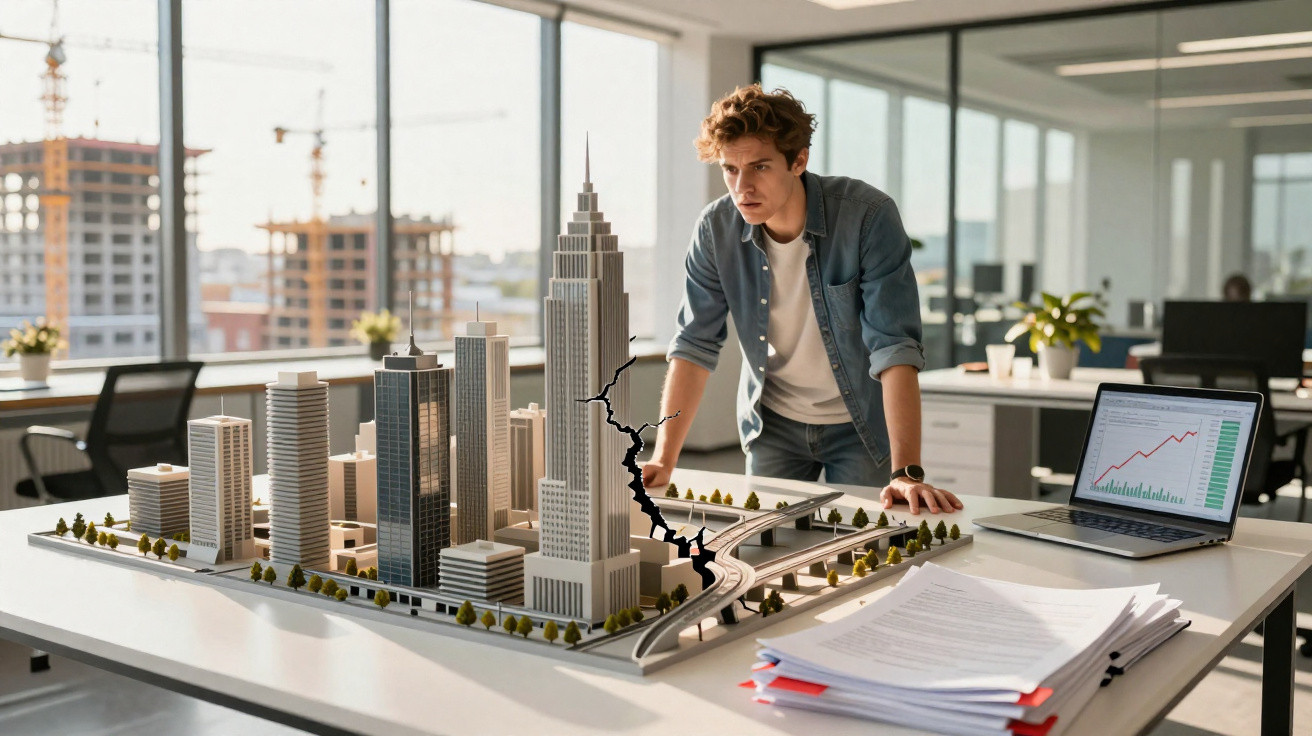 Homem observa maquete de cidade com rachadura simulando sismo num escritório moderno e iluminado.