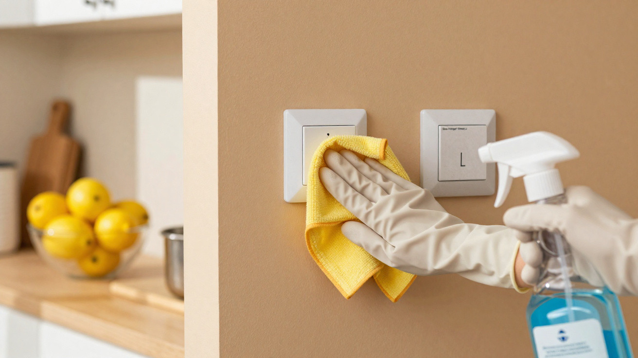 Pessoa com luvas a limpar interruptores com pano amarelo e spray de limpeza numa cozinha.