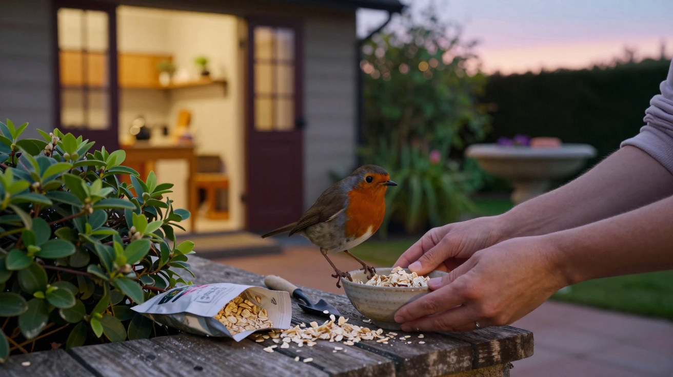 Pássaro com peito vermelho pousado numa taça de sementes, em mesa de madeira, com mãos humanas a alimentar, ao ar livre.