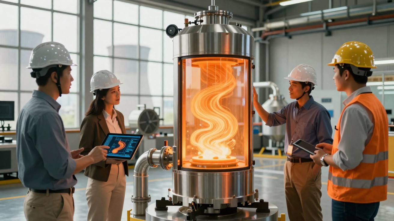 Quatro engenheiros com capacetes observam reator industrial com chama laranja em laboratório tecnológico.