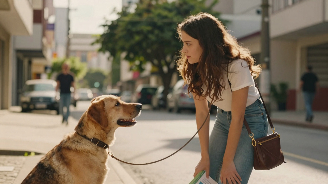 Jovem com camisa branca e jeans conversa com cão castanho preso a trela numa rua urbana durante o dia.