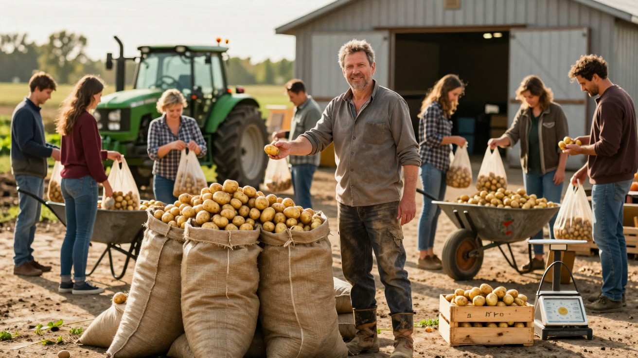Agricultores a colher batatas e encher sacos numa quinta com tractor e celeiro ao fundo.