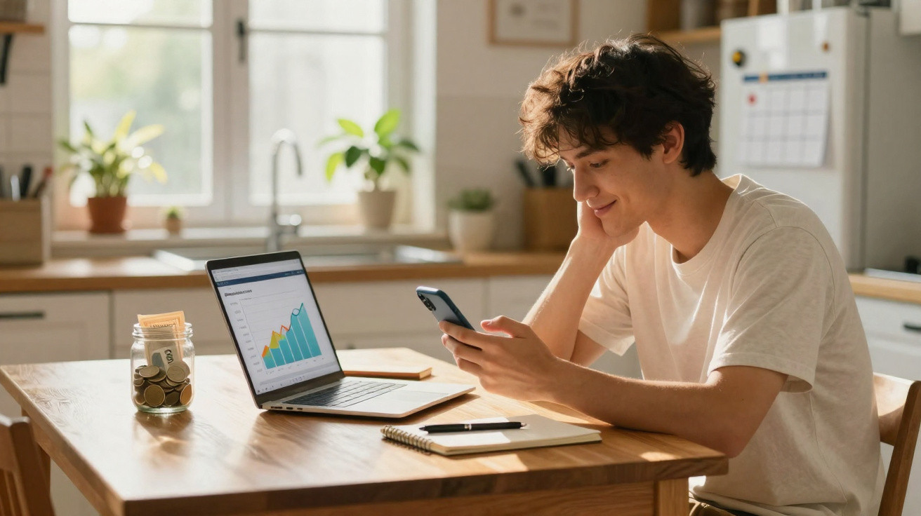 Jovem sentado numa cozinha a analisar gráficos num computador portátil enquanto consulta o telemóvel.