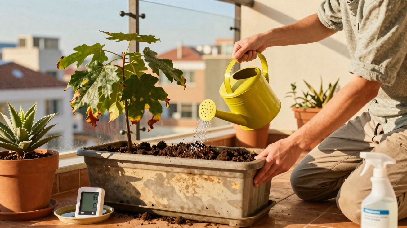 Pessoa a regar planta em vaso num terraço com plantas e termómetro digital.