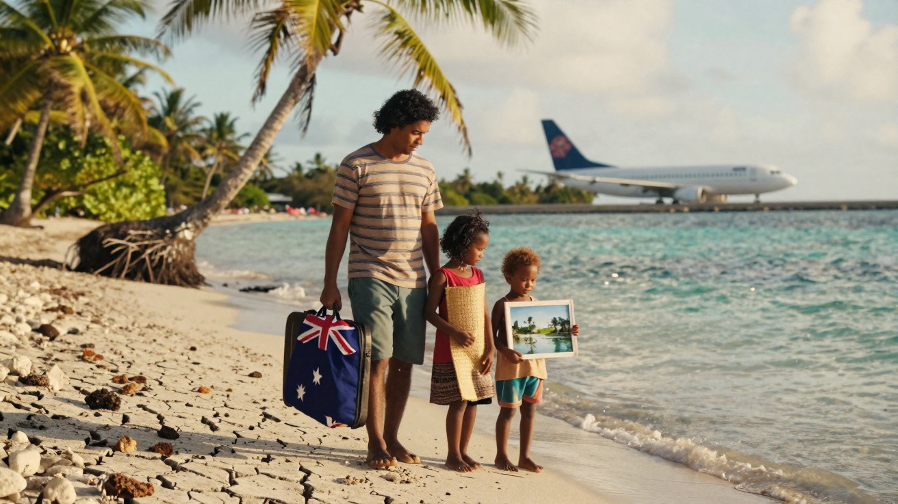 Pai e filhos caminhando descalços na praia com mala e pintura, perto de avião a pousar na ilha tropical.