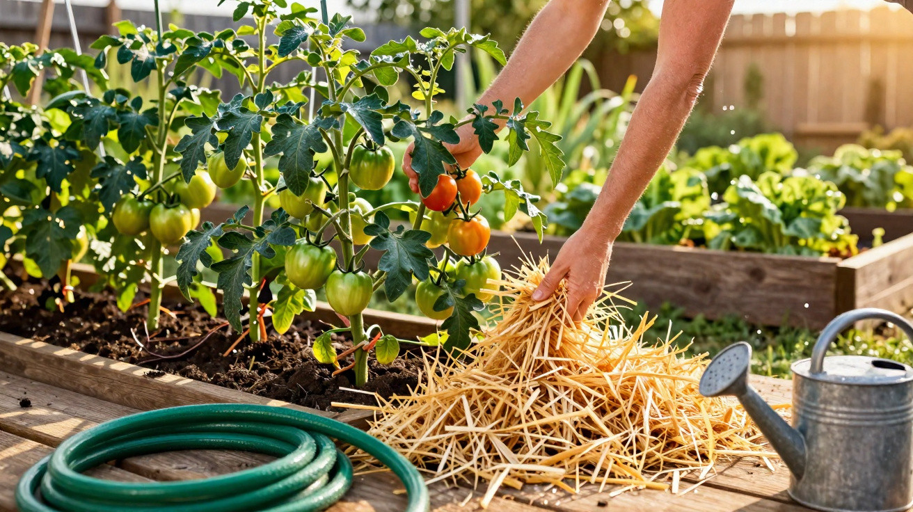 Pessoa a cuidar de plantas de tomate num canteiro, colocando palha como cobertura, com regador e mangueira perto.