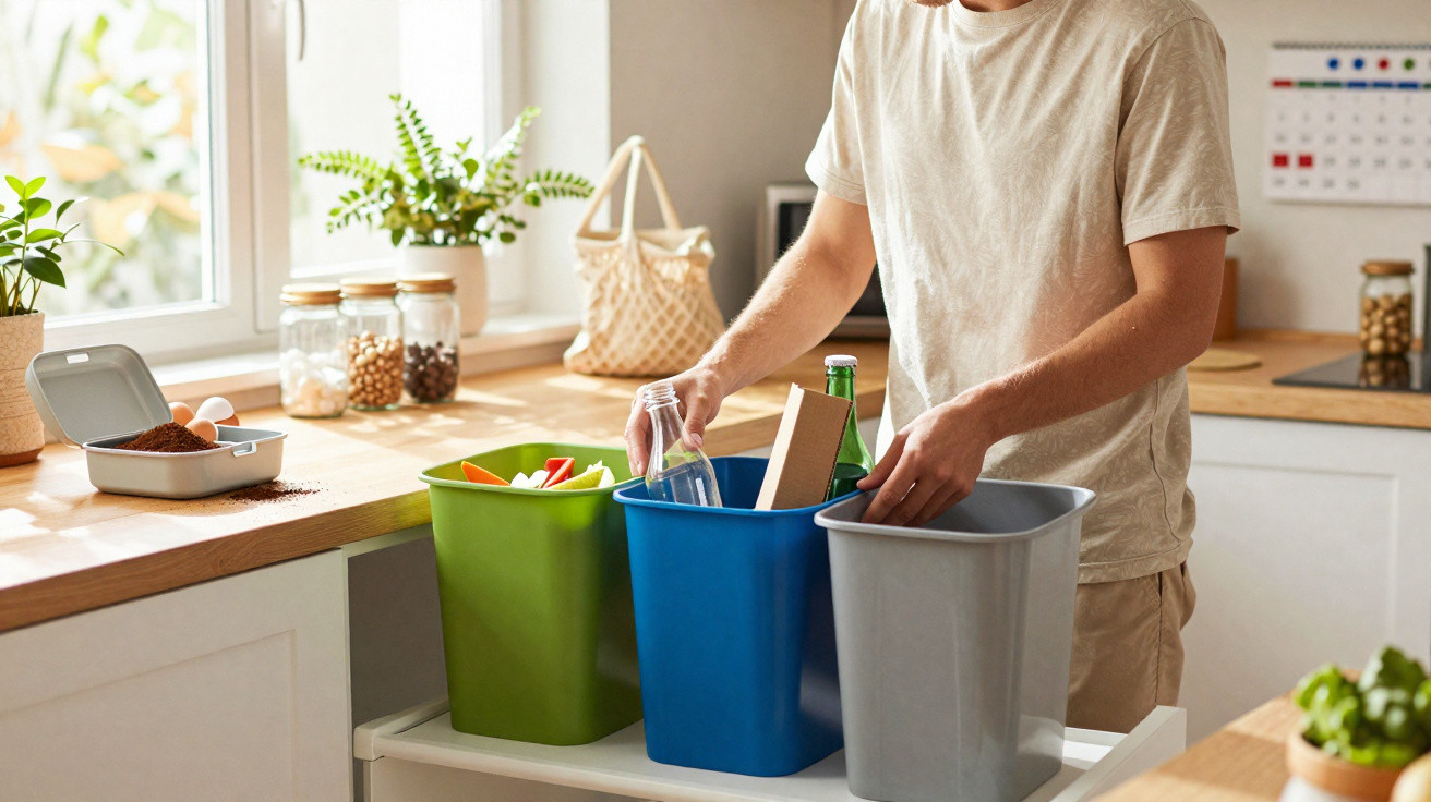 Pessoa a separar recicláveis em três ecopontos coloridos numa cozinha iluminada.