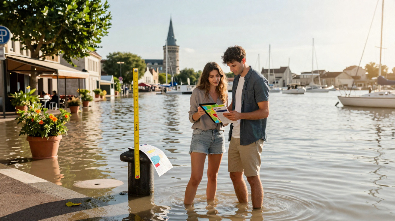 Casal jovem a analisar dados numa zona urbana inundada junto a um rio com barcos ancorados.