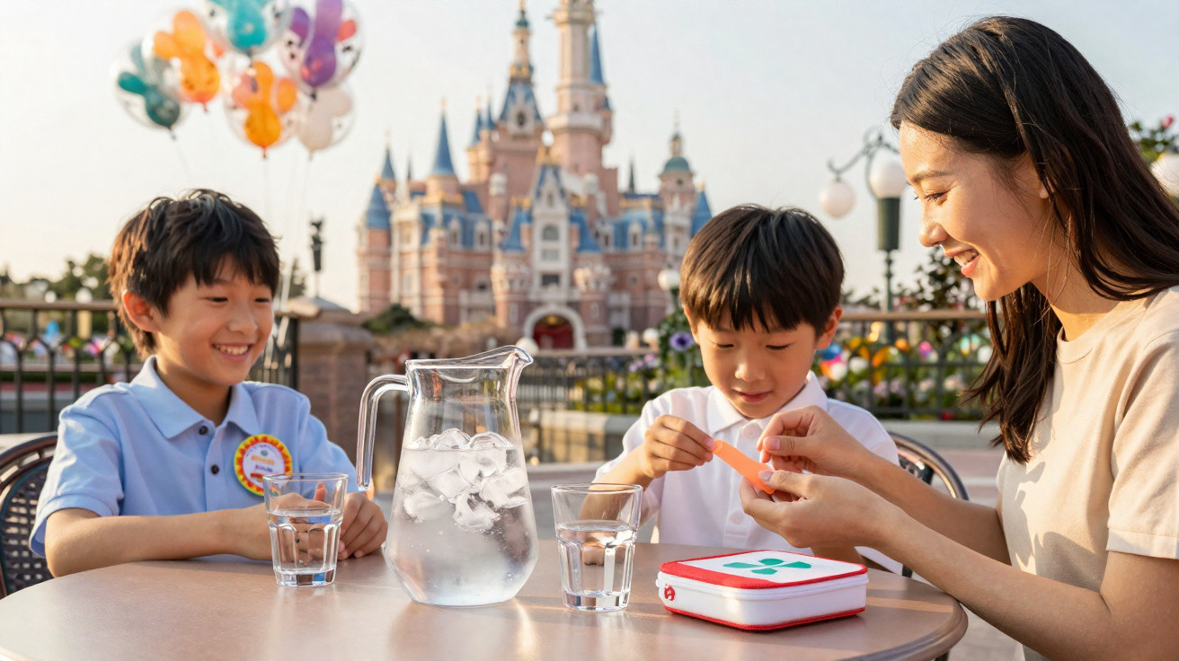 Mãe e dois filhos sentados à mesa com jarra de água, sorriem num parque temático com castelo ao fundo.