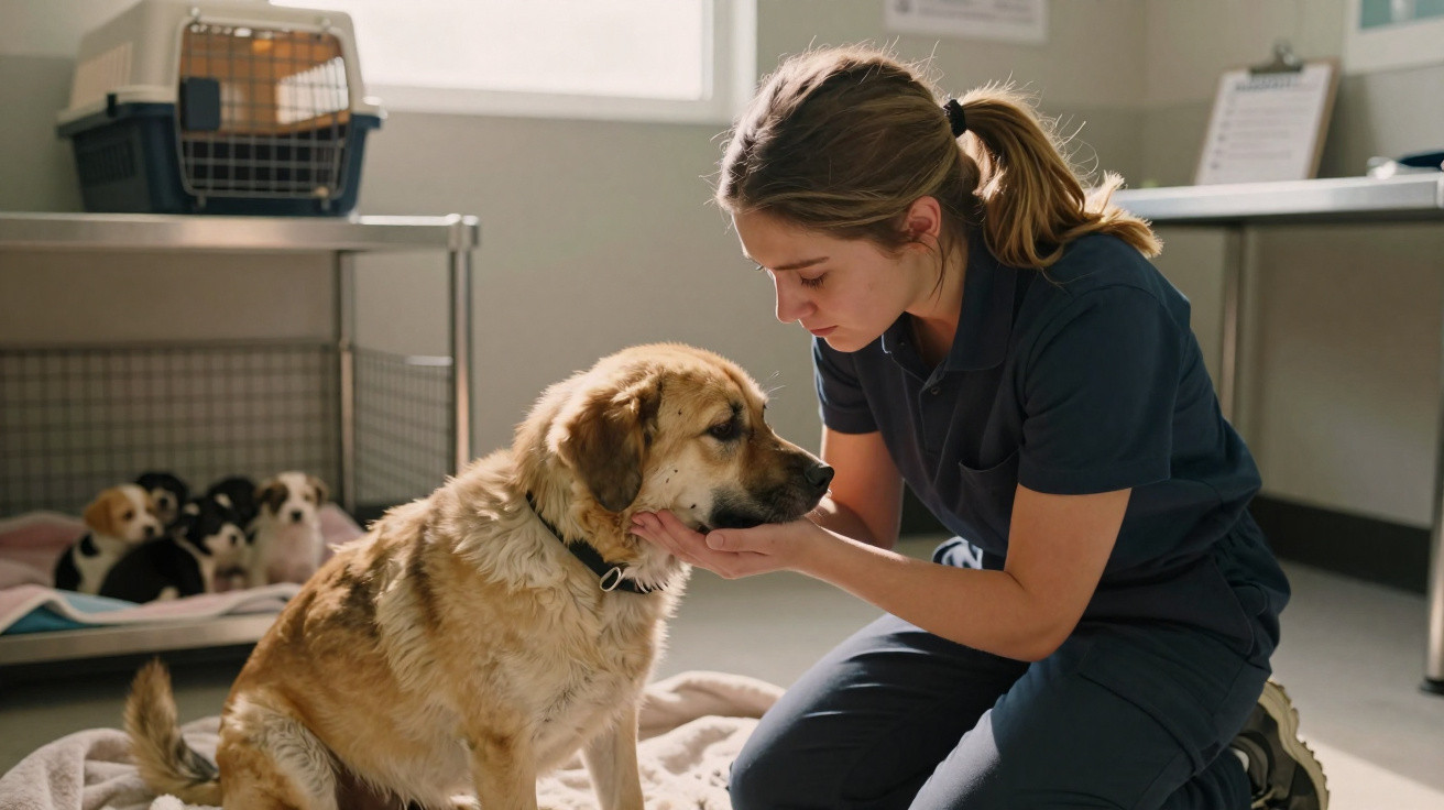 Veterinária afaga um cão adulto num consultório com gatis e equipamentos ao fundo.