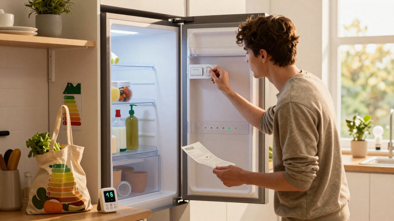 Rapaz ajusta a temperatura do frigorífico aberto na cozinha moderna luminosa.
