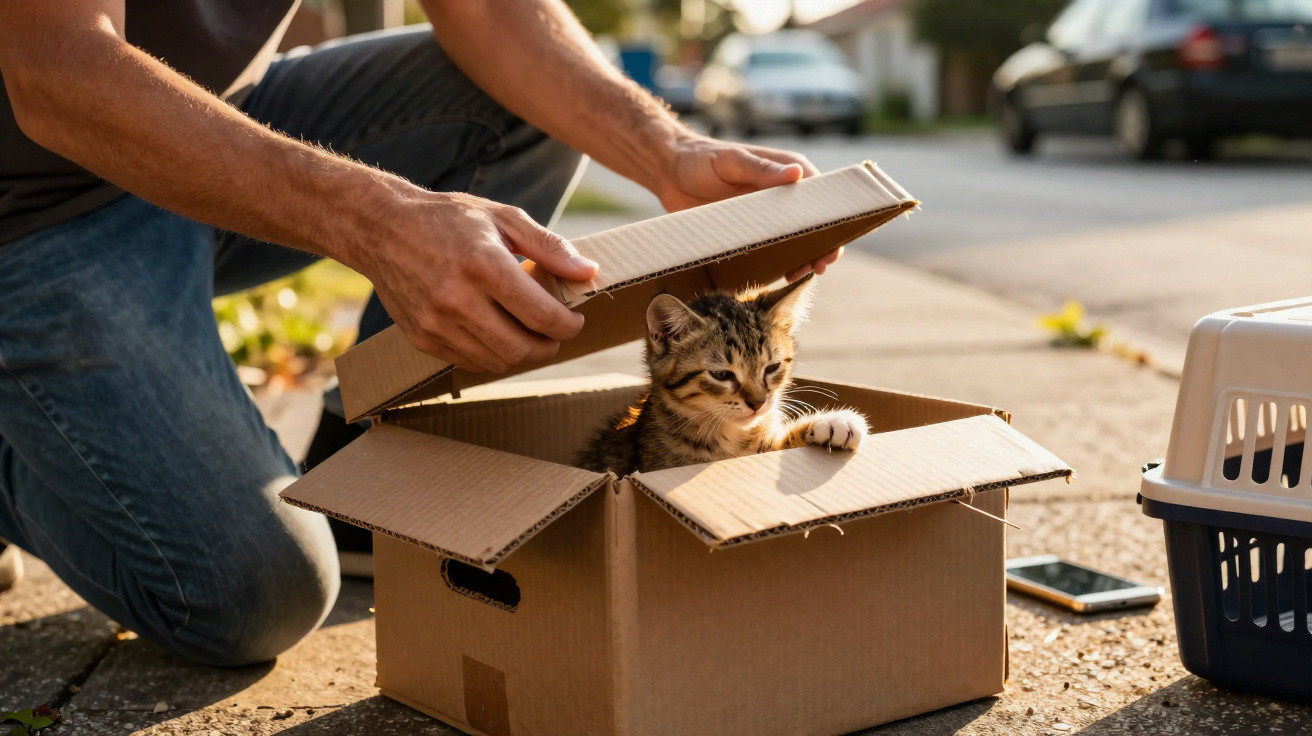 Pessoa a fechar uma caixa de cartão com um gato dentro, ao ar livre numa calçada ensolarada.