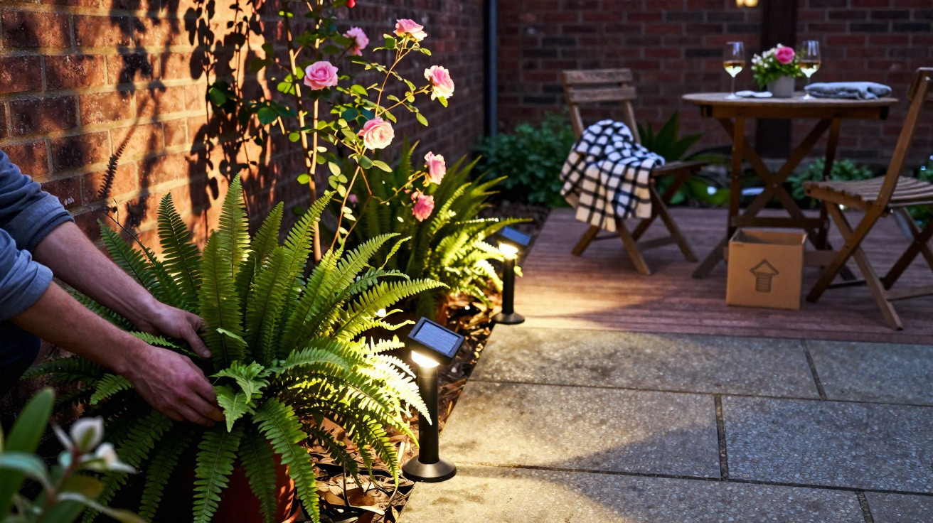 Pessoa a cuidar de samambaia em jardim com luzes solares e mesa de madeira com flores e copos.