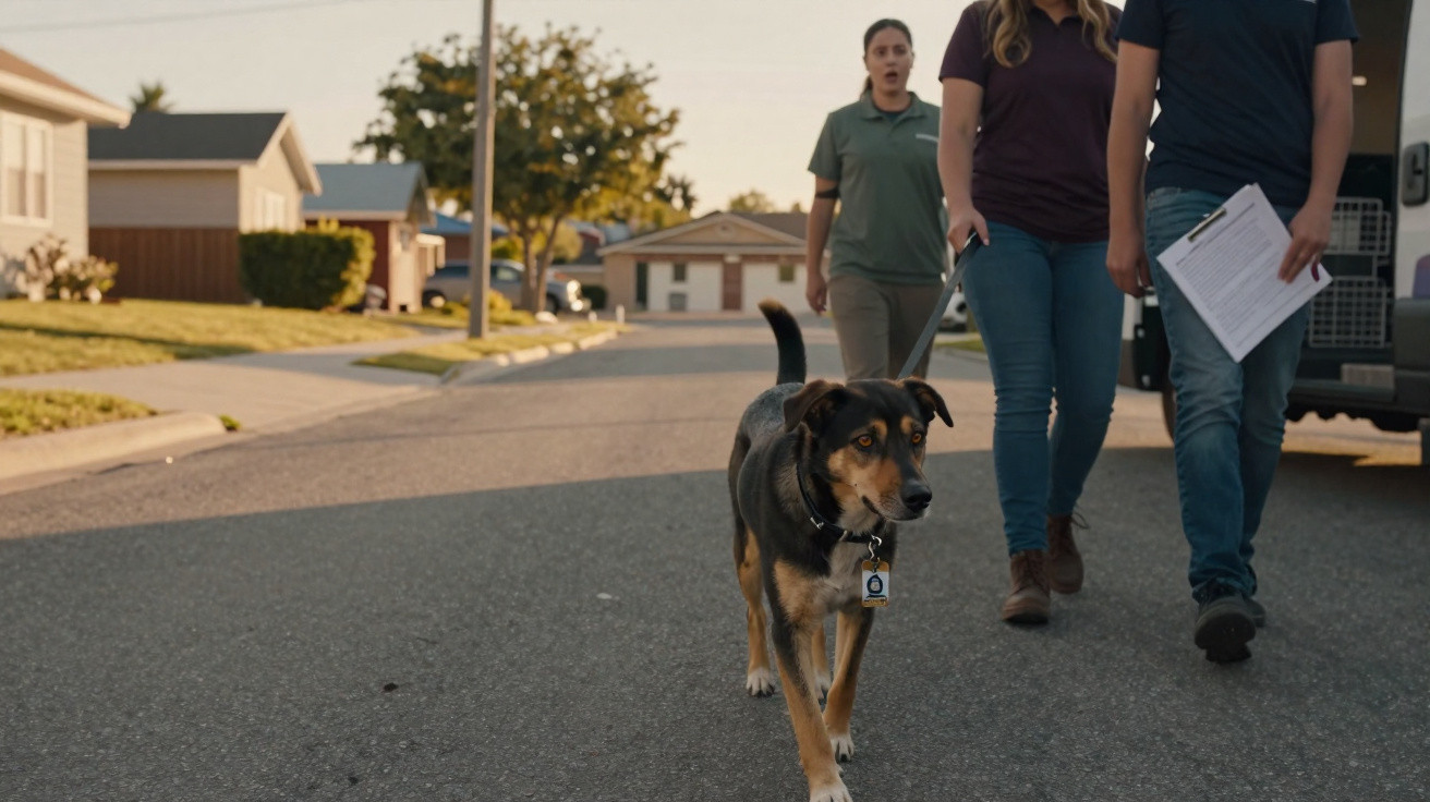 Cão a caminhar na rua com três pessoas ao fundo numa zona residencial ao fim da tarde.