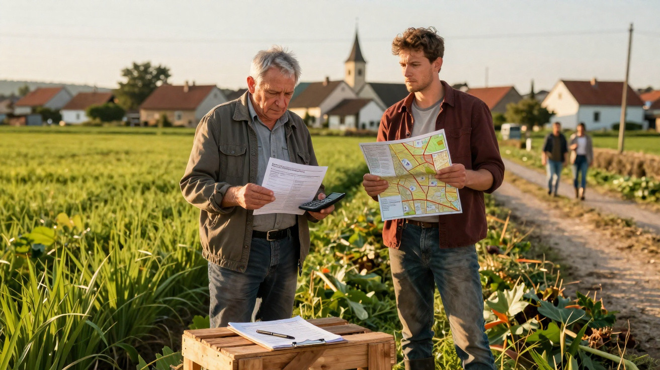 Dois homens em campo agrícola a analisar documentos e um mapa ao pôr do sol.