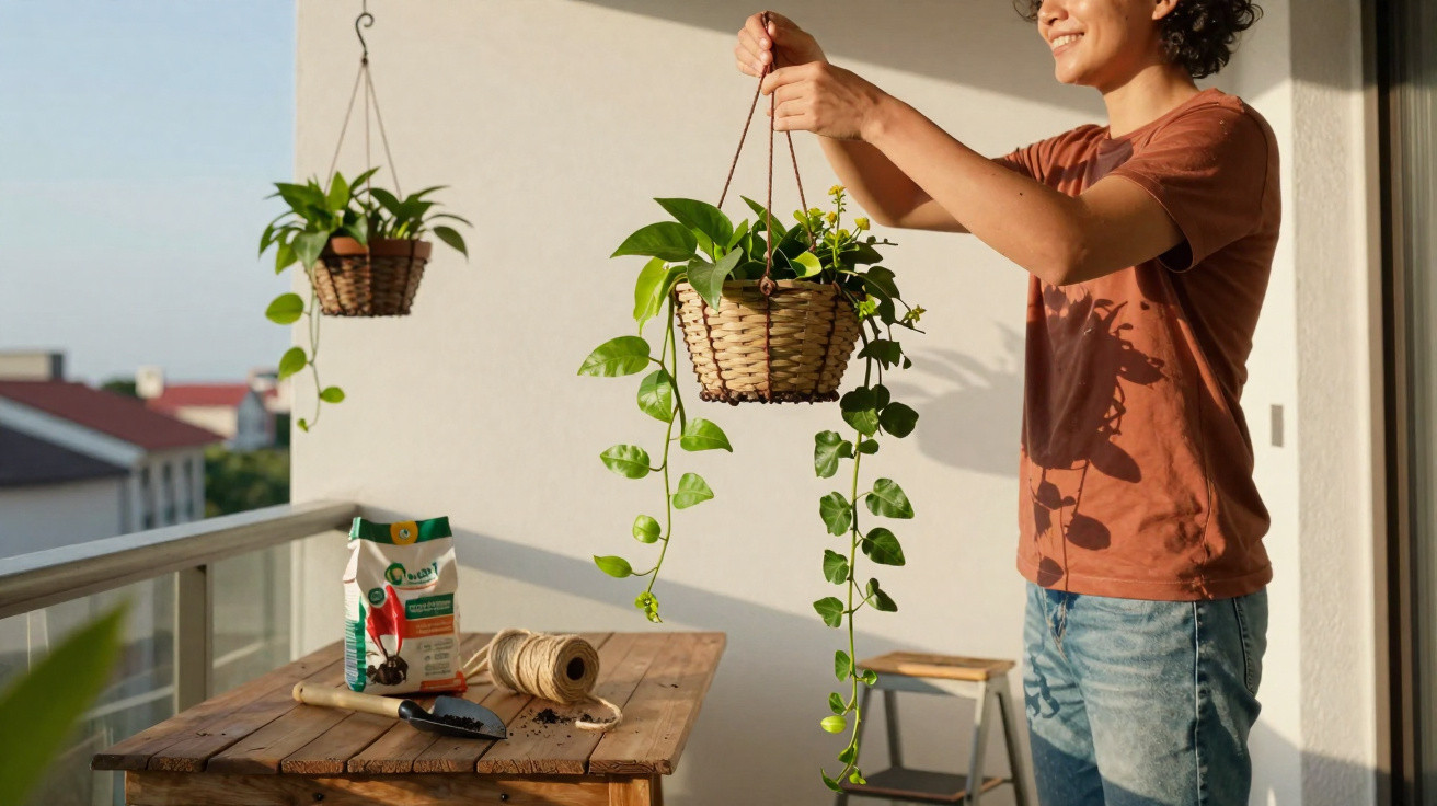 Pessoa a cuidar de planta pendente numa varanda com luz natural e utensílios de jardinagem numa mesa de madeira.