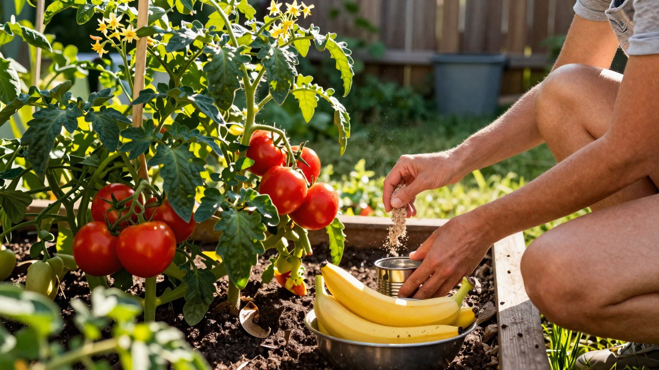 Pessoa a semear num jardim com planta de tomates maduros e bananas numa taça metálica ao lado.