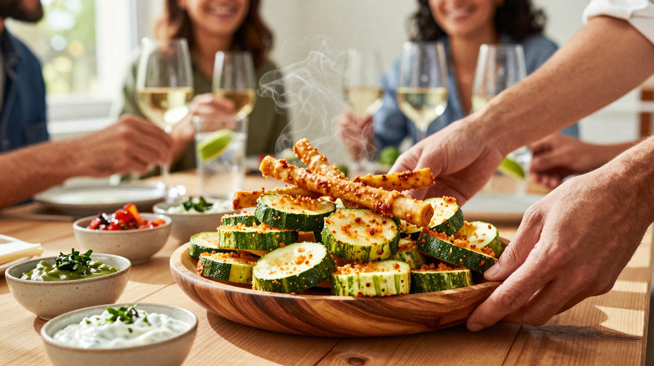 Prato de legumes grelhados com palitos temperados servido numa mesa com pessoas ao fundo a conversar.