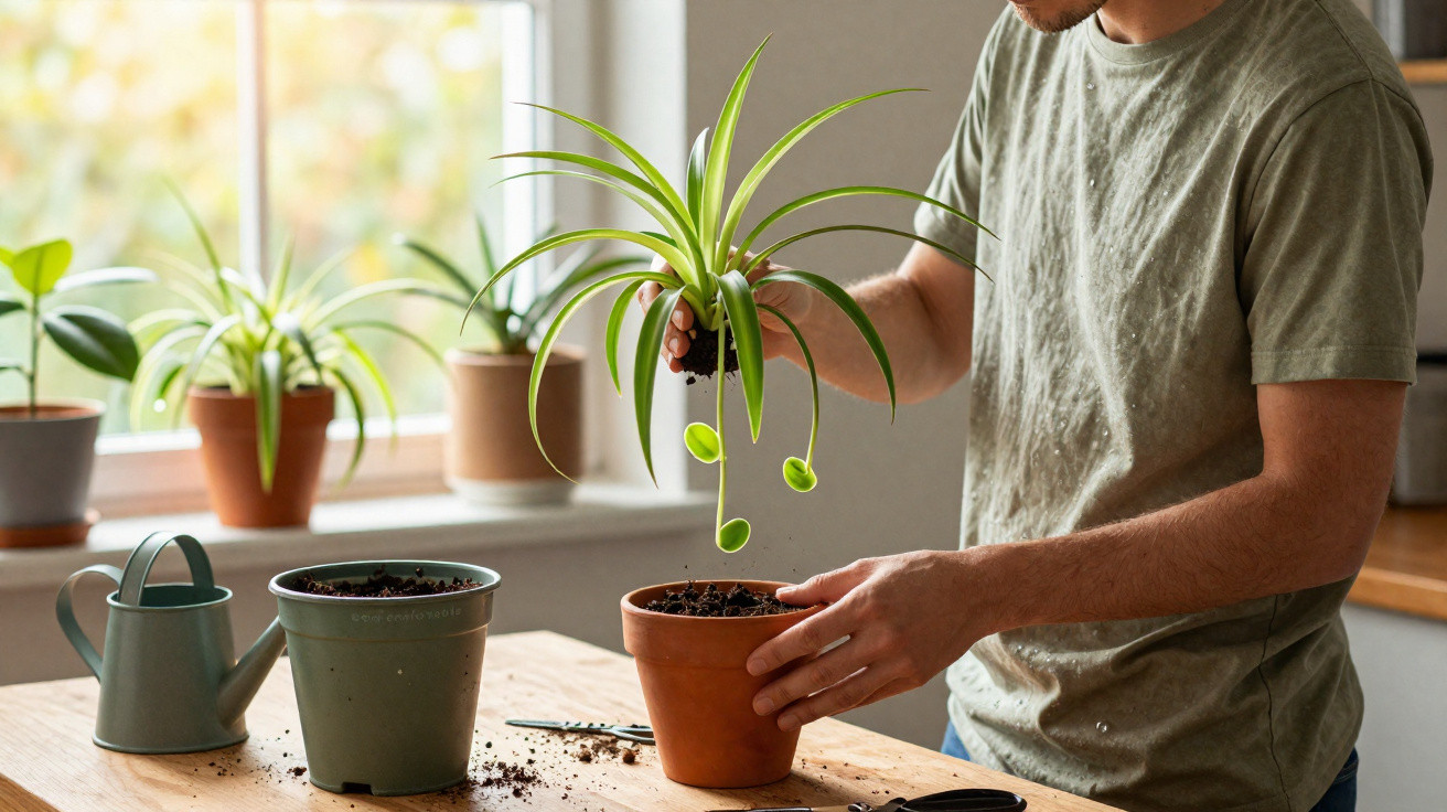 Pessoa a transplantar planta para vaso de barro num ambiente interior com luz natural e outras plantas na janela.