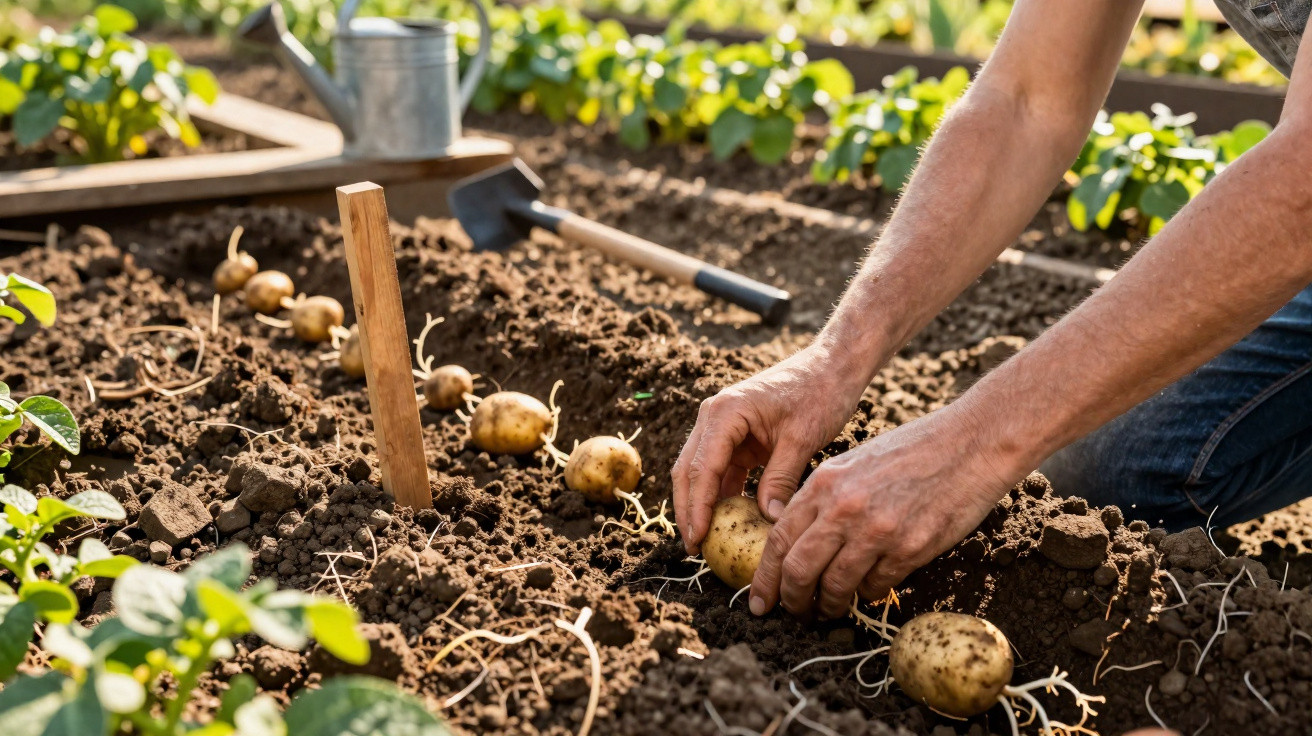 Pessoa a plantar batatas em solo agrícola com ferramenta e regador ao fundo.