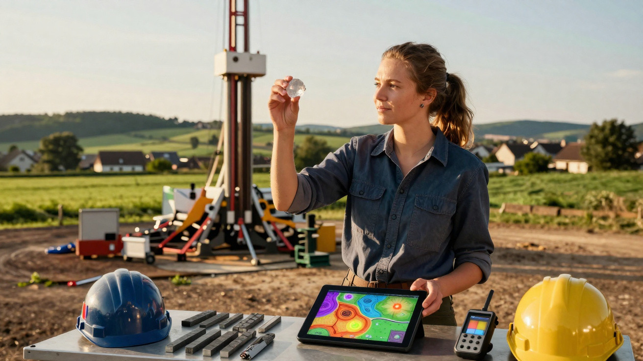 Mulher jovem analisa amostra de solo com tablet e equipamentos de perfuração em ambiente rural ao pôr do sol.