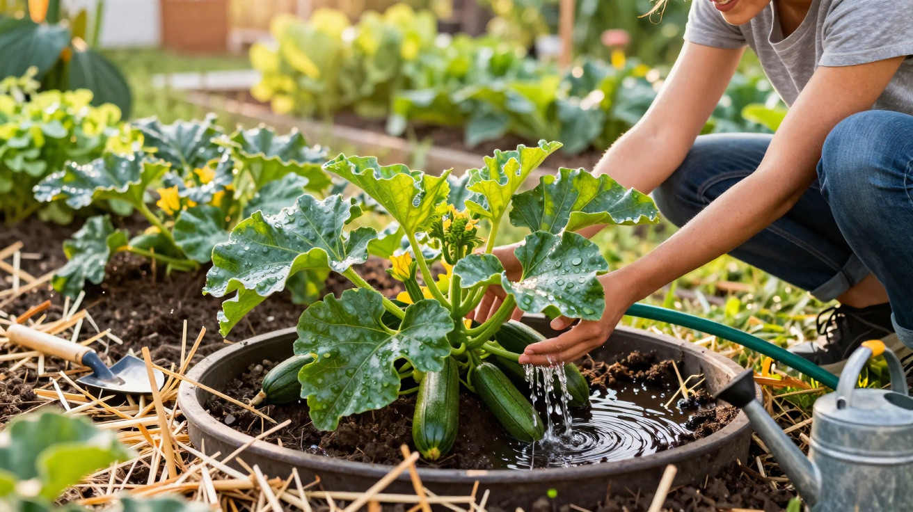 Pessoa a regar planta de curgete num vaso redondo num jardim com regador metálico ao lado.