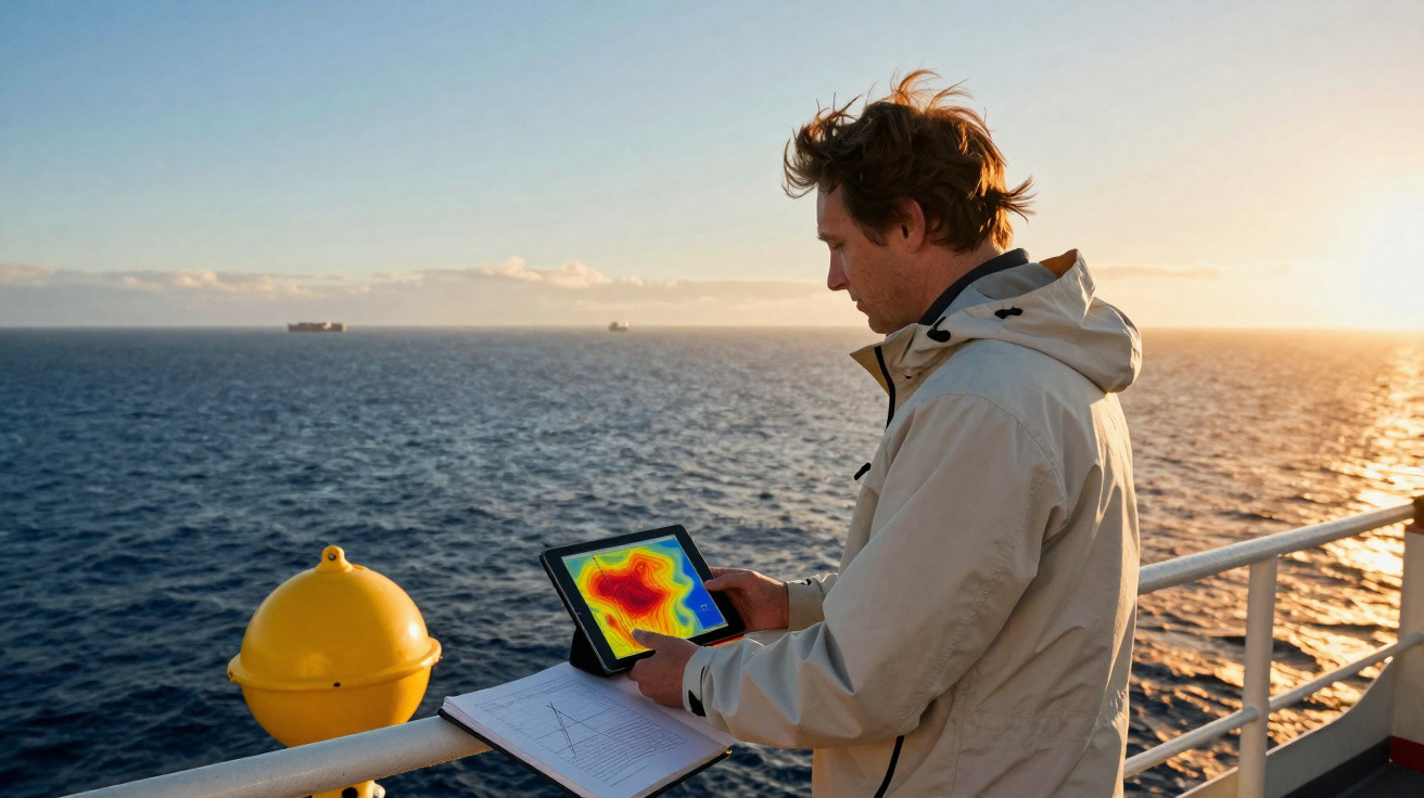 Homem de casaco claro usa tablet com mapa térmico num barco ao pôr do sol no mar aberto.