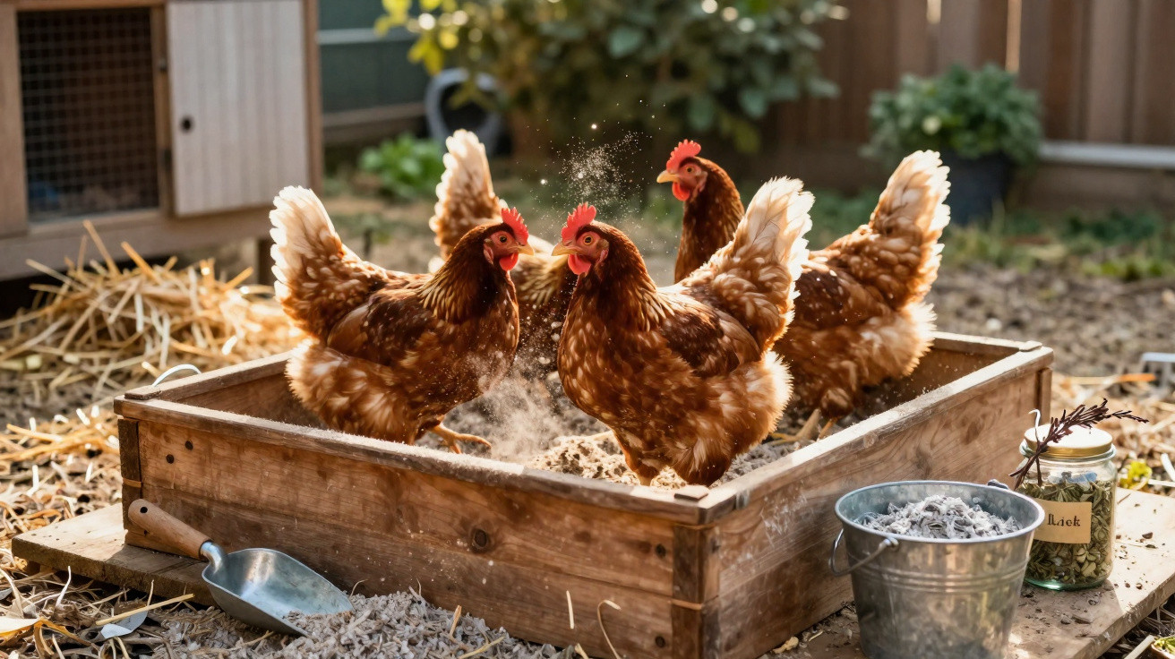 Quatro galinhas marrons a ciscar em caixa de madeira num pátio com terra e palha.