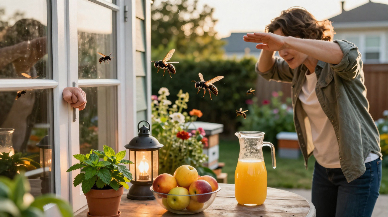 Pessoa tenta afastar vespas que voam perto de uma mesa com frutas e jarra de sumo num jardim.