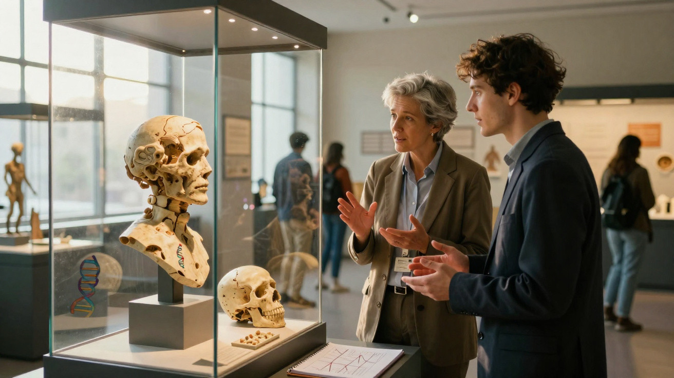 Duas pessoas a discutir ao lado de modelos de crânios humanos em exposição num museu.