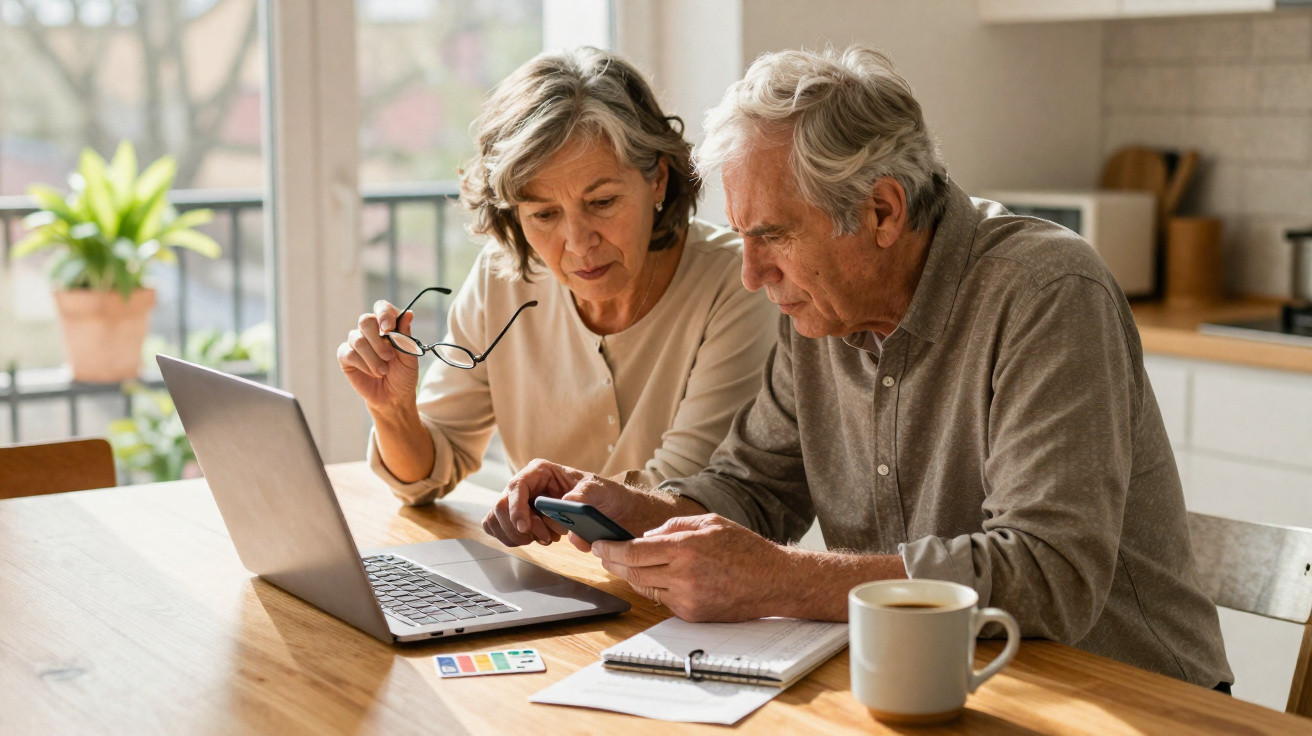 Casal sénior preocupado consulta o telemóvel e laptop numa cozinha, analisando finanças pessoais.