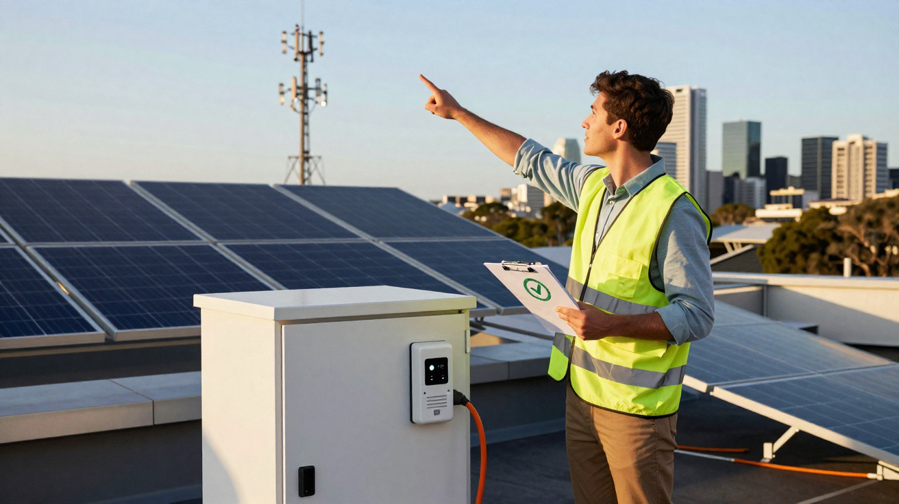 Técnico com colete refletor inspeciona painéis solares em telhado urbano durante o dia.