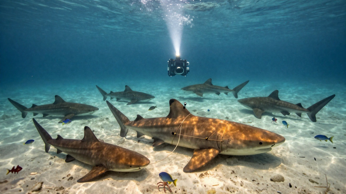 Fotografia subaquática de vários tubarões no fundo do mar com uma câmara de filmar iluminando a cena.