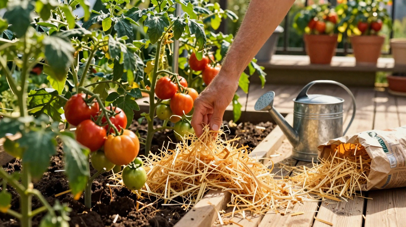 Mão a colocar palha numa horta com plantas de tomate, regador e saco de palha ao lado num alpendre de madeira.