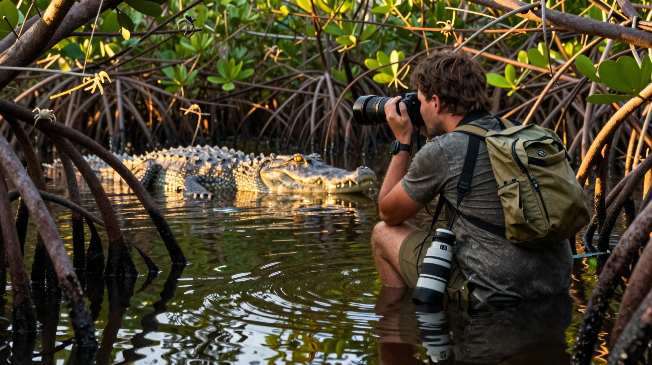 Fotógrafo perto de um crocodilo na água, rodeado por ramos e folhas verdes de mangue.
