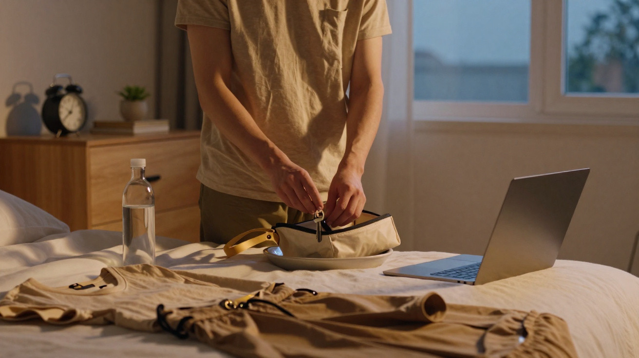 Pessoa organizando acessórios numa cama com roupa estendida e computador portátil aberto ao lado.