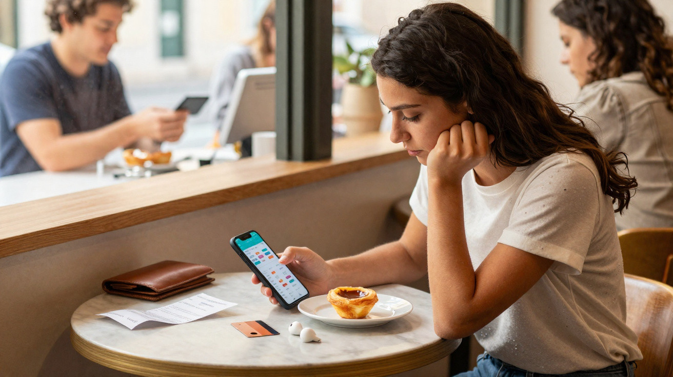 Mulher sentada num café a olhar para o telemóvel com uma pastelaria numa mesa redonda ao seu lado.