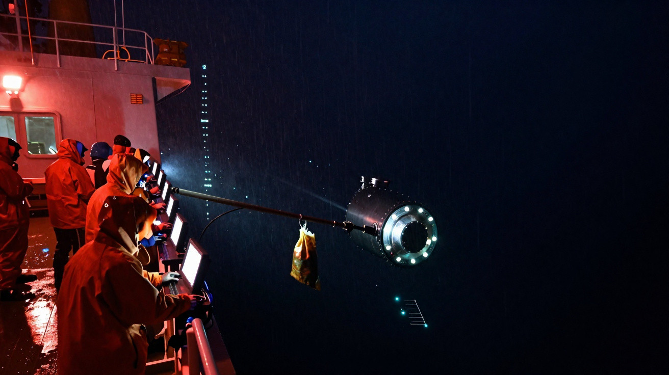 Pessoas com fato impermeável a bordo de navio a noite, a operar equipamento iluminado sobre o mar escuro.