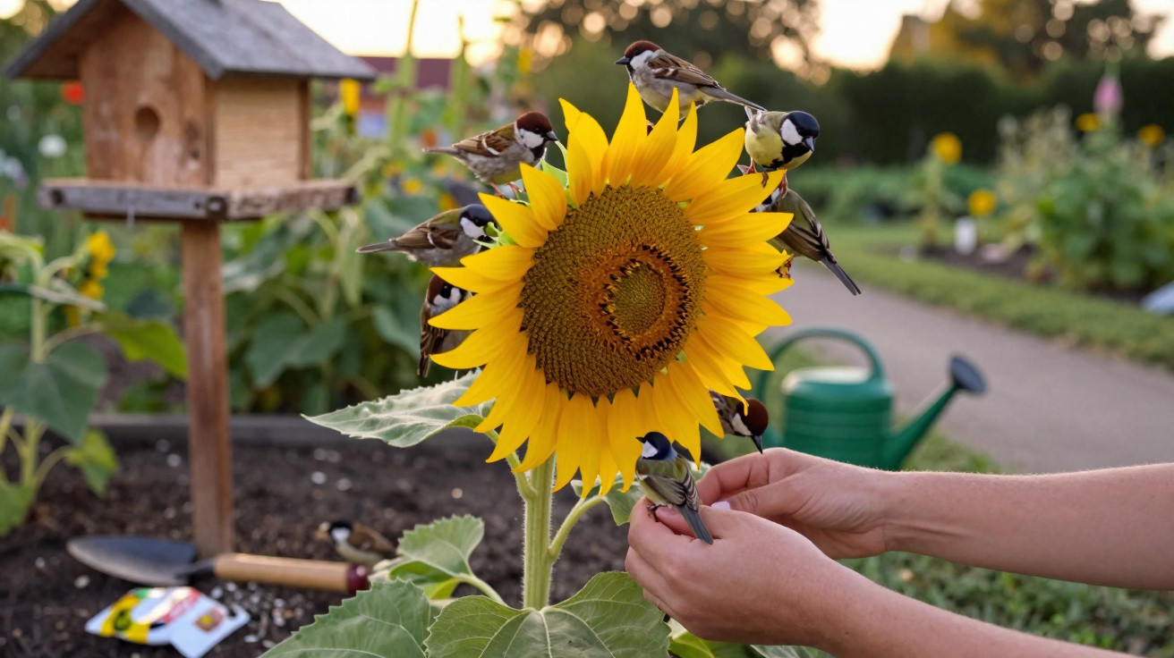 Girassol com pequenos pássaros pousados nas suas pétalas numa horta, com mãos humanas a alimentar um pássaro.