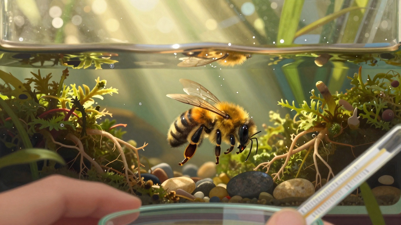 Abelha submersa em água num aquário com plantas aquáticas e pedras, com pessoa a usar termómetro.