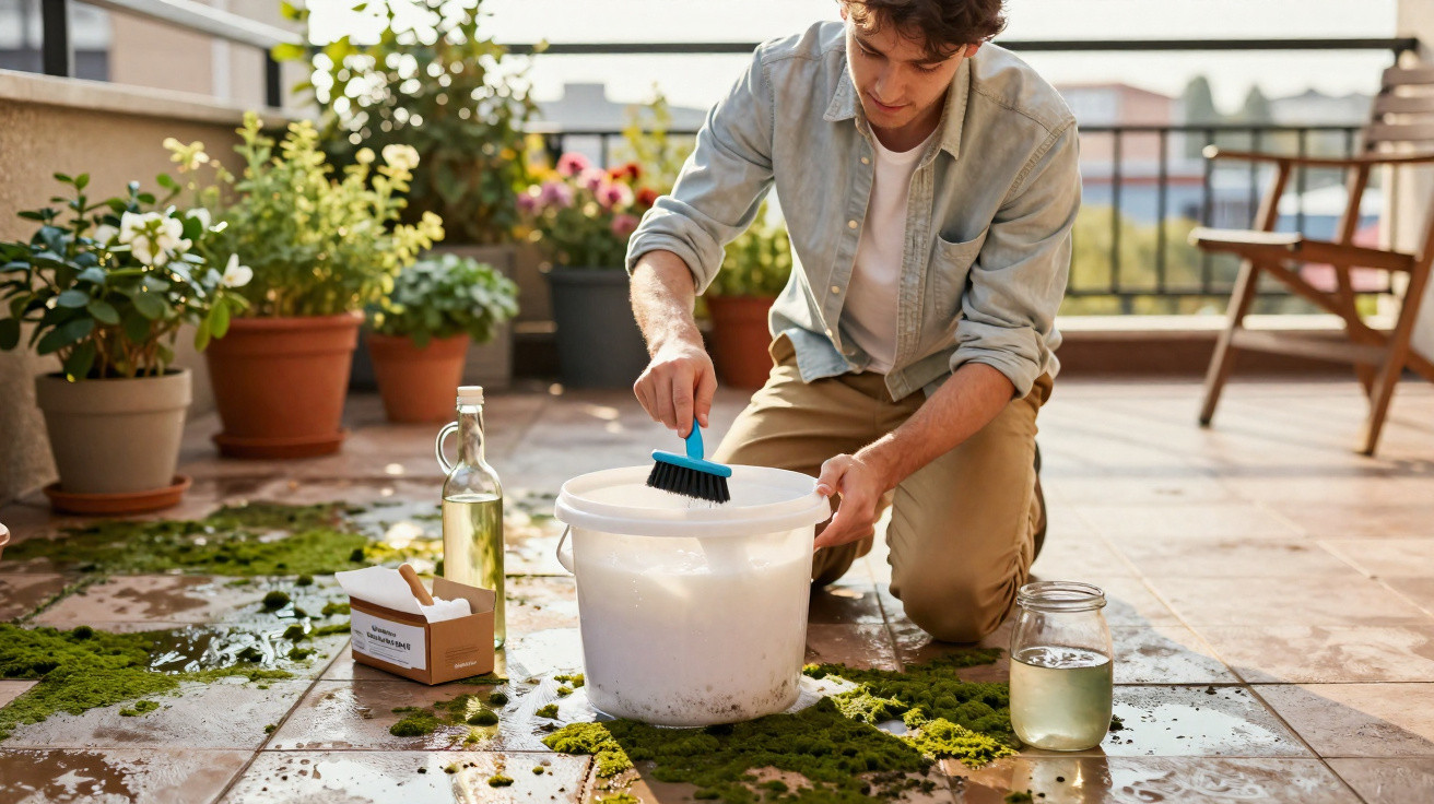 Homem limpa chão exterior com musgo, usando escova azul e balde branco, rodeado por plantas em vasos.