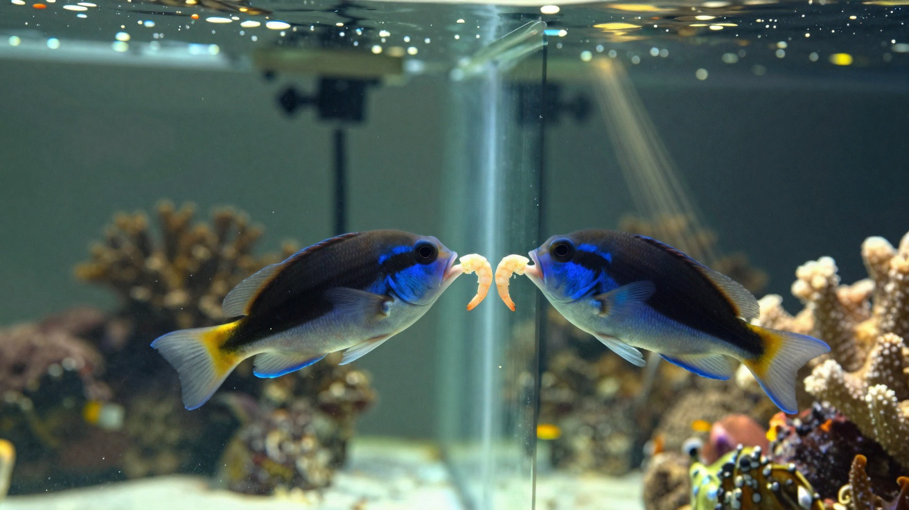 Peixe azul a comer camarão refletido num vidro, com corais desfocados ao fundo num aquário.