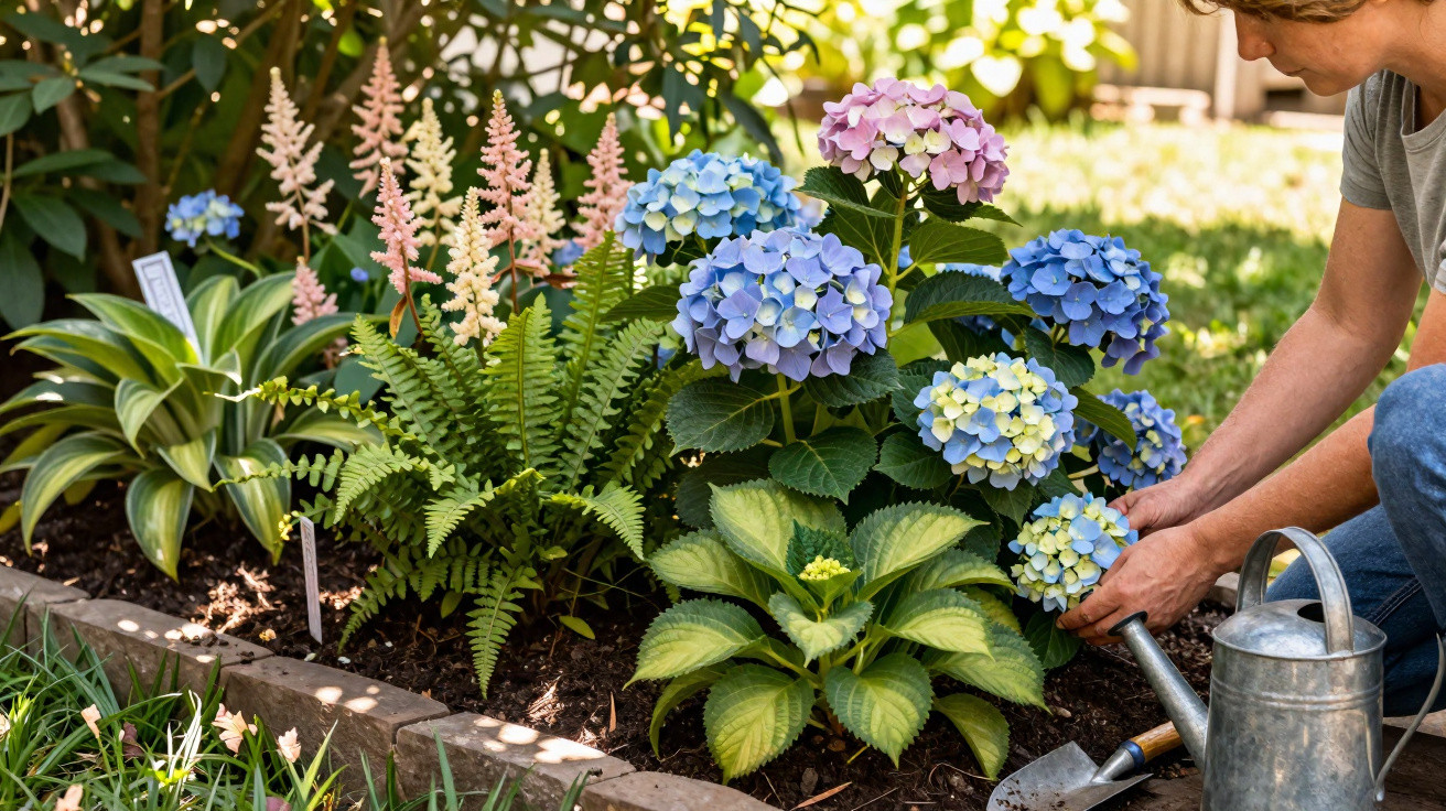 Pessoa a cuidar de hortênsias em flores azuis e rosas num canteiro de jardim ensolarado.