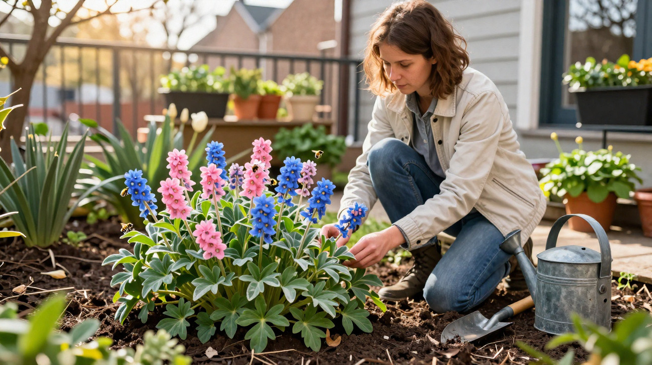 Mulher a cuidar de flores rosas e azuis num jardim com regadora e enxada ao lado.