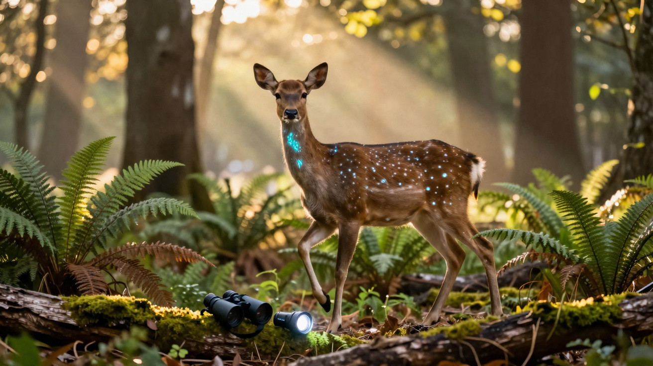 Veado com manchas brilhantes numa floresta iluminada, junto a binóculos e lâmpada acesa no chão.