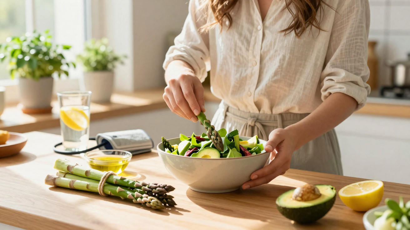 Pessoa a preparar salada fresca com espargos, abacate e legumes numa cozinha iluminada.