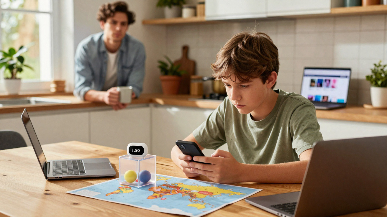 Jovem sentado à mesa a usar telemóvel, com mapa do mundo, laptops e outro homem ao fundo numa cozinha moderna.