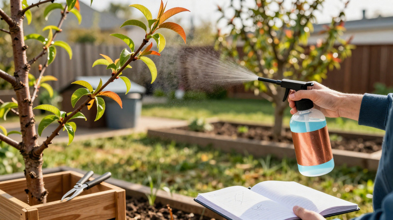 Pessoa pulverizando uma planta enquanto consulta um caderno num jardim ensolarado.