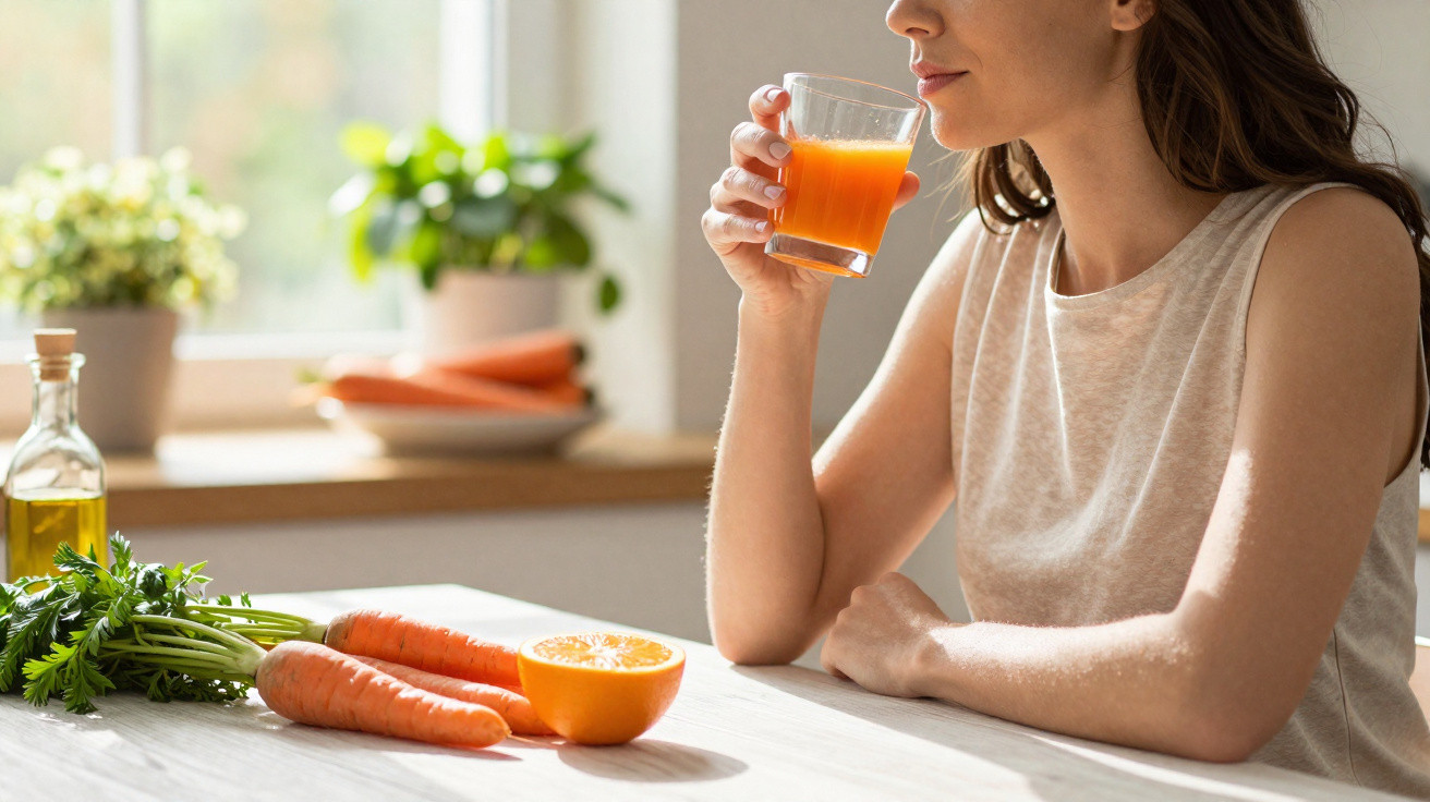 Mulher a beber sumo de cenoura, com cenouras e laranja numa mesa iluminada por luz natural.
