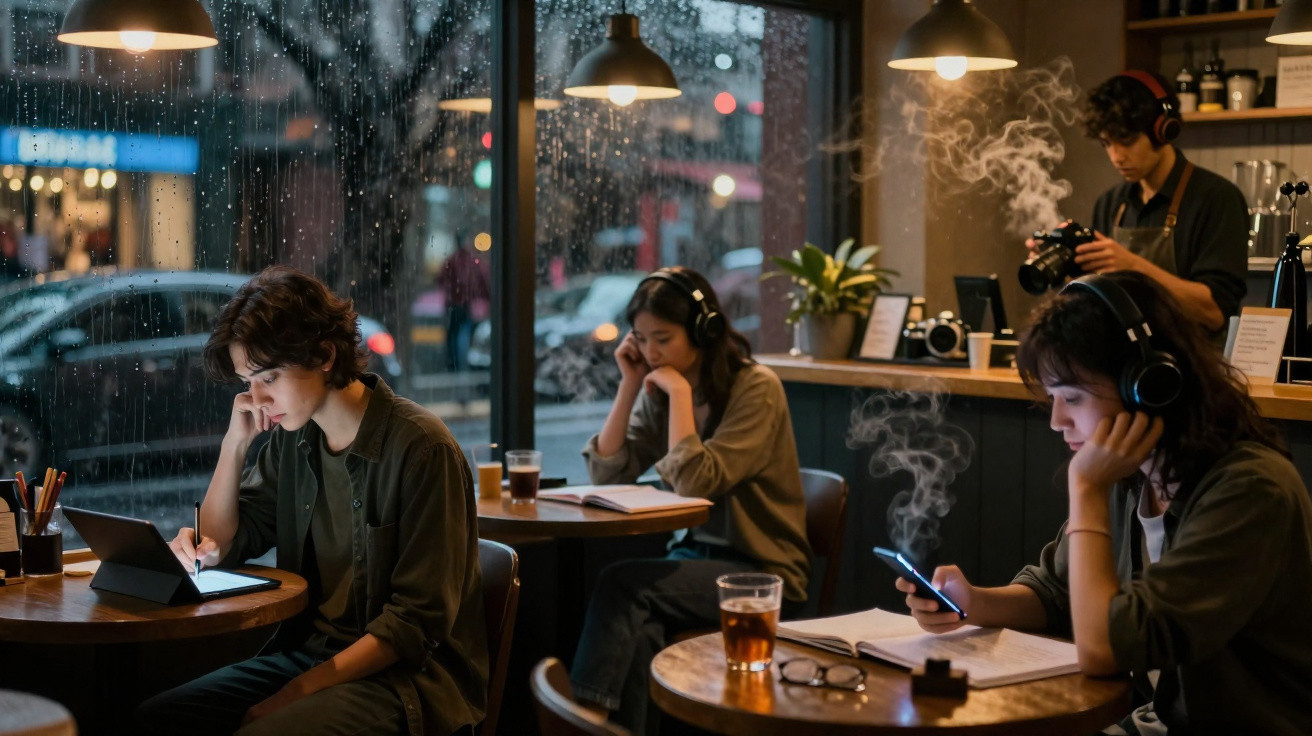 Jovens com auscultadores a trabalhar e estudar em café num dia de chuva, com bebidas nas mesas.